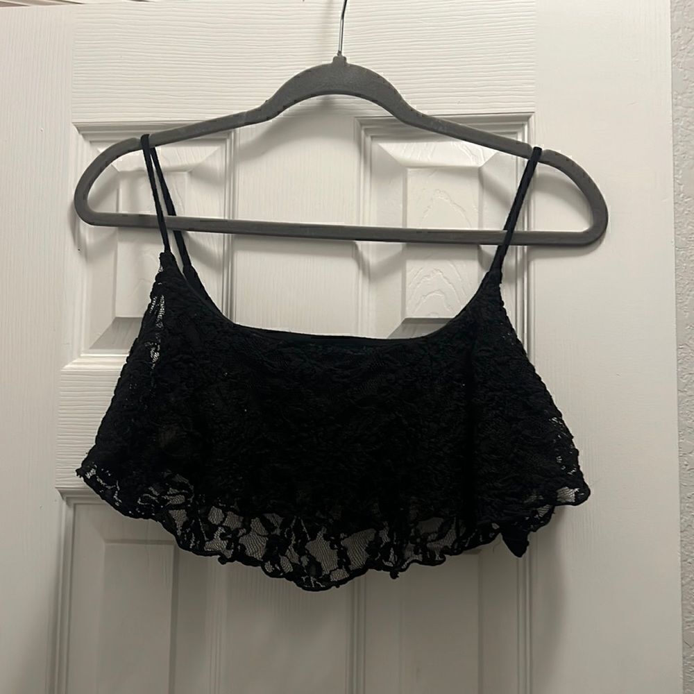 Black Lace Crop Top - Size Large - Built in Bandeau Black - Strapped Crop